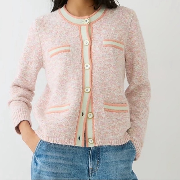 J. Crew Sweaters - J. Crew Pink Bouclé Cardigan with Cream & Peach Trim